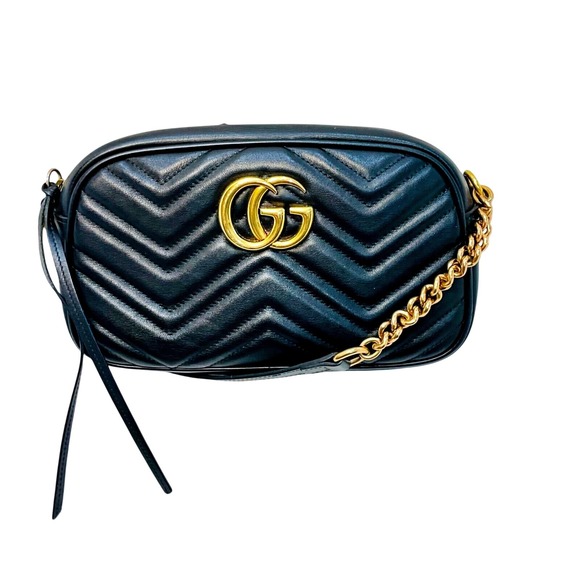Gucci Handbags - Gucci Small Marmont Crossbody Bag Chevron Leather Gold Chain Black Purse
